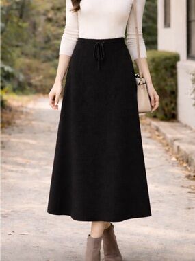 Ines de la Fressange Classic Wool Blend Longline Drawstring Black Maxi Skirt